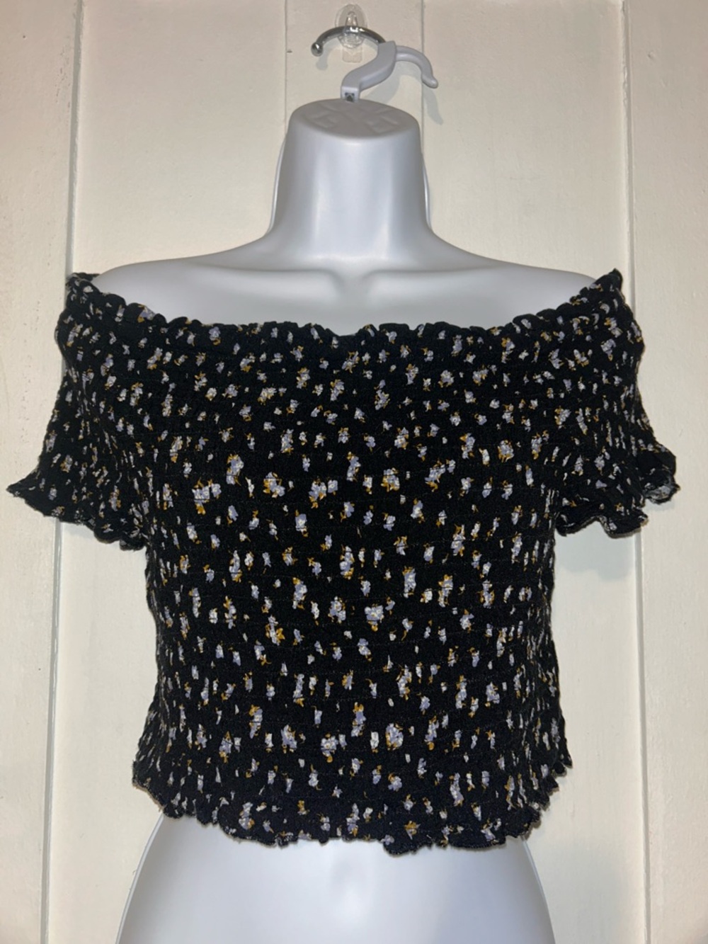 Xhilaration Black Floral Smocked Off-Shoulder Crop Top